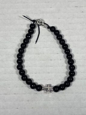 Mini Silver Cross Black Glass Bead Bracelet ~7.50 inches
